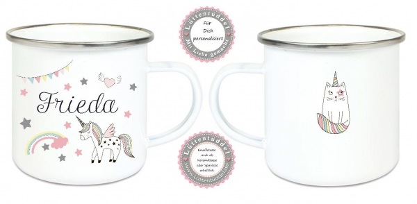 ♥ Tasse Emailletasse Einhorn Regenbogen Sterne, Mädchen, Einschulung KITA Wunschname, Dankeschön, Geburtstag, Abschied, Jubiläum, Geschenk, Kommunion, Firmung Konfirmation, Becher von Lüttentüddel